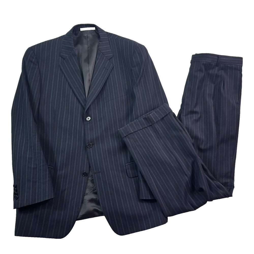 Joseph‎ Abboud 42R 36x32 Navy Blue Stripe 2pc Pant Suit Flannel Wool USA Pleated